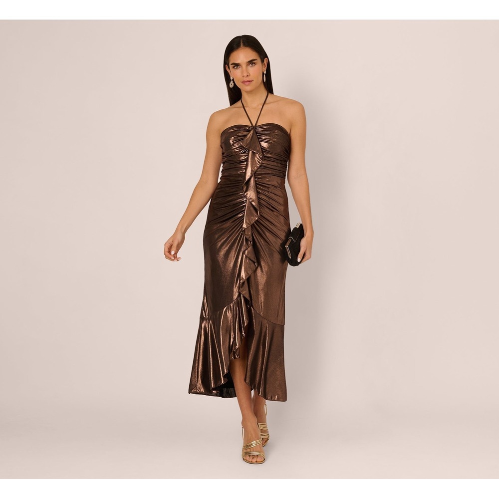 Adrianna‎ Papell Metallic Bronze Ruched Halter RuffleMidi Dress Cocktail Event 4